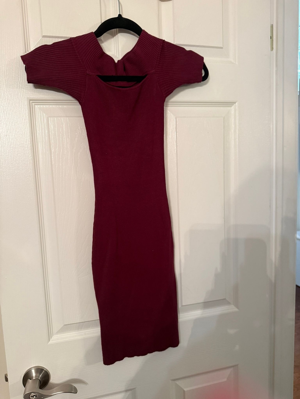 G by Guess burgundy off-the-shoulder dress.